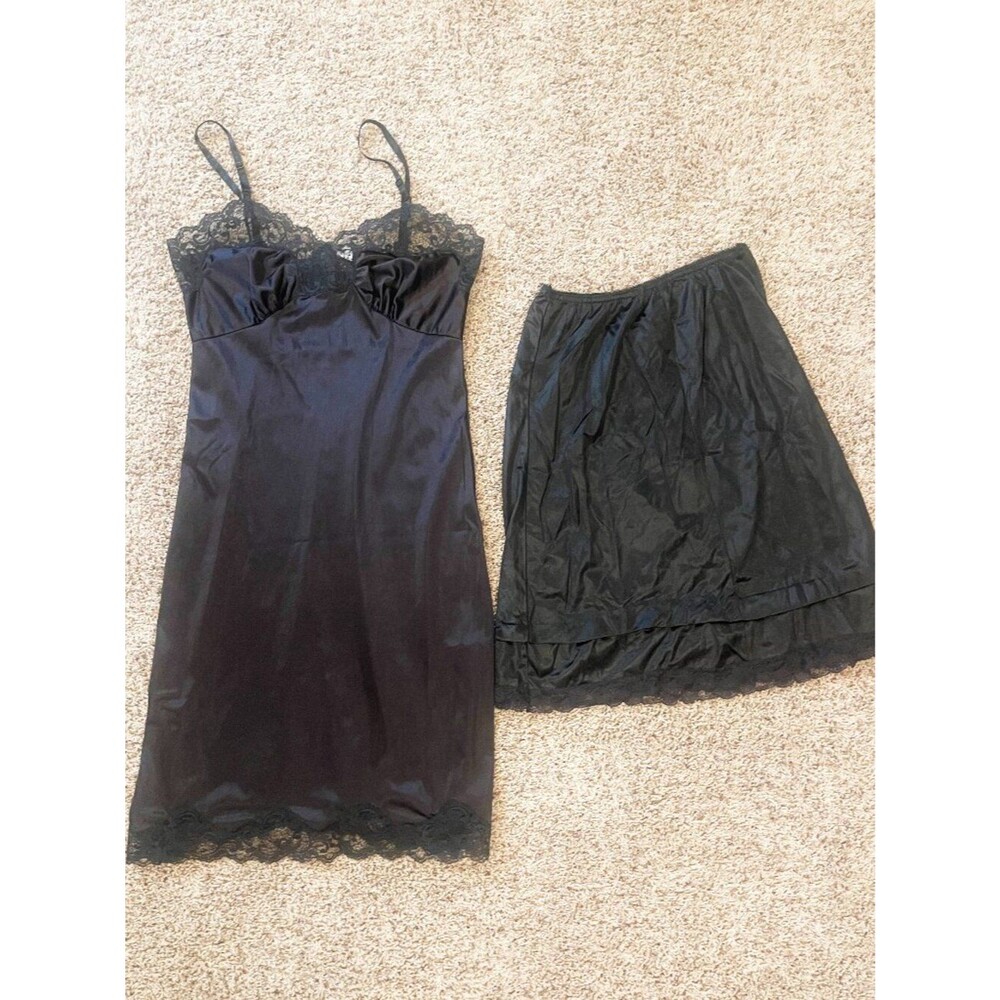 Vintage Dark Romantic Black Lace Slip Dress & Half Slip Set Size 34 Lingerie